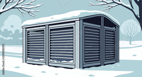 A snow-covered utilitarian structure with slatted doors stands against a winter landscape and bare trees