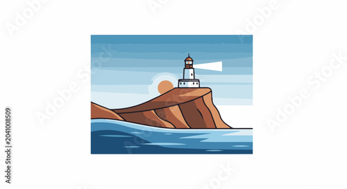 A pixelated lighthouse stands tall on a coastal cliff, its beam shining over the ocean at sunset