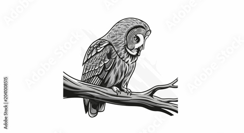 A detailed, stylized illustration of a great horned owl perched on a thick branch