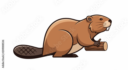 A brown cartoon beaver grips a log with its paws, showcasing its flat tail