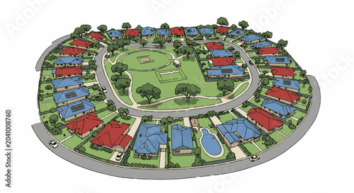 A bird's-eye view of a curving suburban street lined with colorful houses and a central park