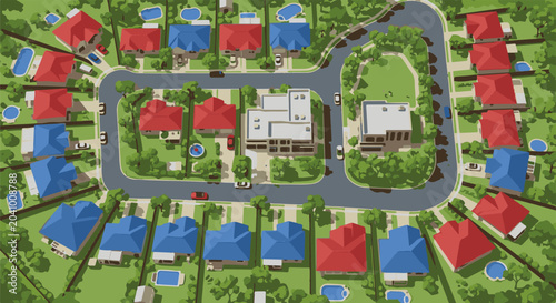 Aerial view of suburban neighborhood with diverse houses and pools