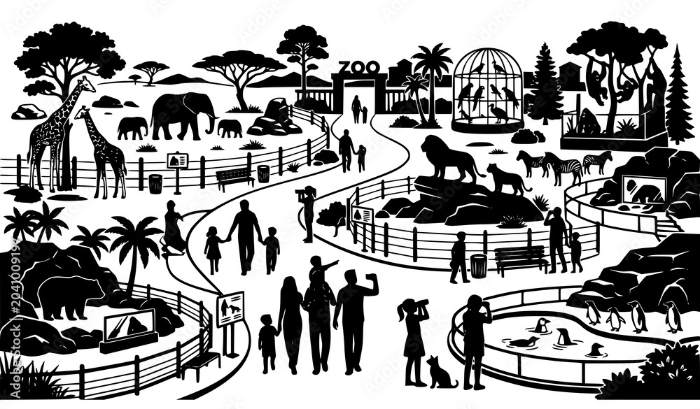 Obraz premium Zoo Park Landscape Illustration, Wildlife Safari Scene Vector