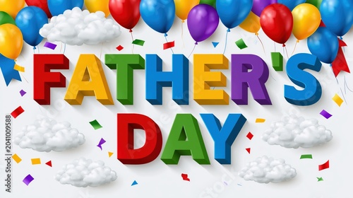 Vibrant holiday graphic illustration with bold Father's Day 3D lettering, surrounded by celebratory balloons and ribbons.