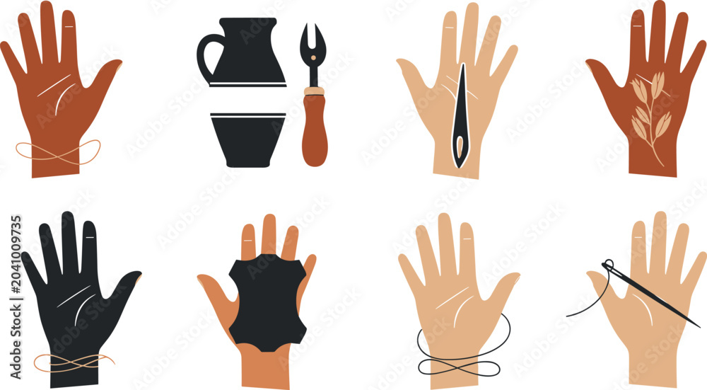 Fototapeta premium Handmade Crafts and Artisan Workshop Icon Set with Human Hands, Sewing Needle, Thread, Leather Patch, Pottery Tools, and Floral Botanical Elements