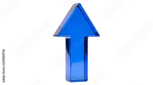 Blue upward arrow symbol in glossy material signifying growth and success isolated on transparent background