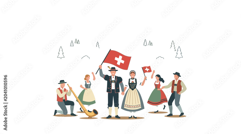 Fototapeta premium Group of Swiss people in traditional costumes with flags and alphorn.