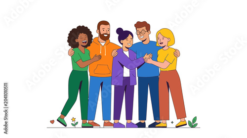 Photos Group of diverse friends standing together in a supportive hug.