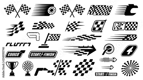 checkered flags and racing icons vector graphics start finish trophy speedometer flag race motorsport auto competition speed line award winning sport