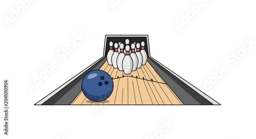 фотографія Illustration of a bowling ball approaching pins on a wooden lane.