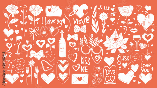 Canvastavla collection of hearts flowers and love symbols line art pattern romantic valentin