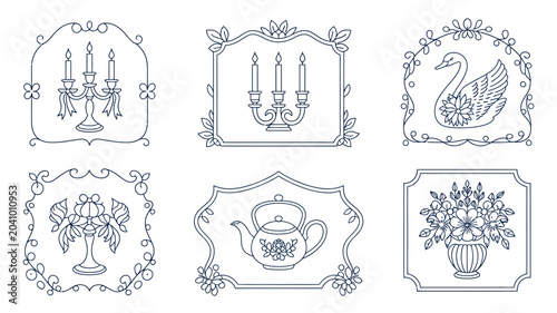 Photos six framed decorative items line art objects candelabra swan teapot flower vase