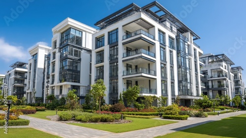 Modern luxury apartment complex with landscaped gardens on sunny day