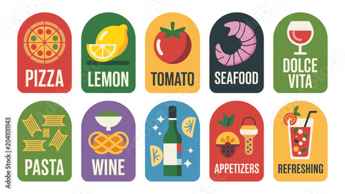 Bild auf Leinwand food icons vector colorful pizza lemon tomato seafood dolce vita pasta wine appe