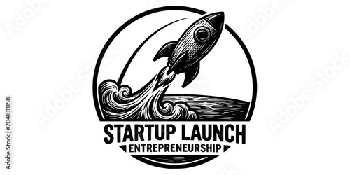 Tableau sur toile Startup Launch Woodcut Black White-Rocket Flame Trajectory Liftoff-Growth Vector
