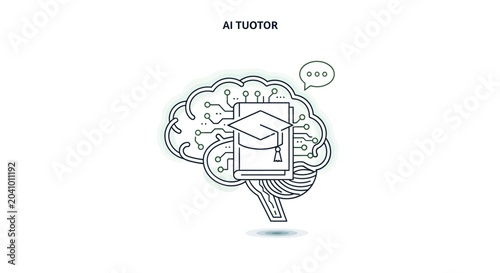 AI tutor concept illustration with brain, book, and graduation cap