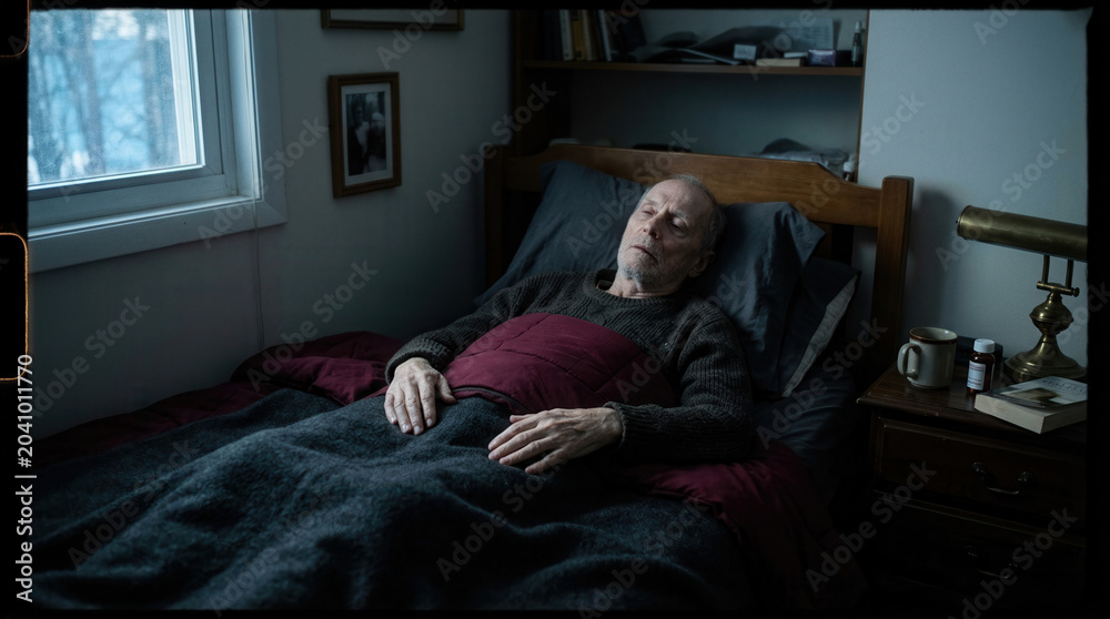 Fototapeta premium A Cinematic Portrait Of A Senior Man Resting In Bed, Embracing Stillness