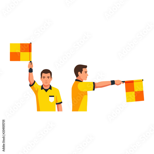 Fotografija Assistant referee holding a linesman flag on a soccer field, signaling during a match