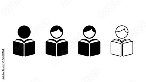 Photos reading person icons flat black and white reader book symbol sign education lear