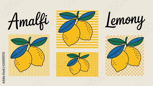 Fényképezés lemons with leaves vector illustration fruit citrus yellow green graphic pattern