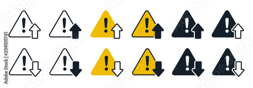 Obraz na plátně Warning alert triangle with up and down arrow trend, decrease and increase poten