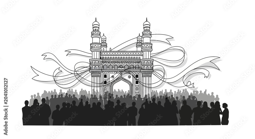 Obraz premium Charminar Landmark Monument with Crowd Silhouette and Ribbon - india independence day