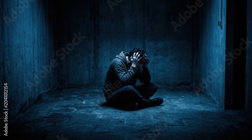 A Person In Distress, Dark Interior, Deep Emotional Strain, Mental Health Struggle