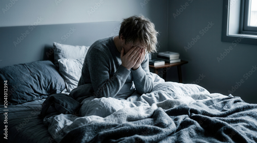 Fototapeta premium A Person In Grey Sitting On Bed With Face In Their Hands Feeling Miserable