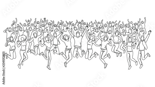 A diverse crowd of people jumping and celebrating with raised arms in unison.