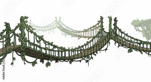 Lush jungle bridges, overgrown with vines, connect unseen paths through mist