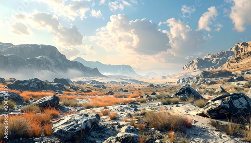 Vast Desert Landscape with Mountains and Dramatic Sky.