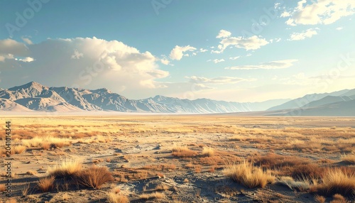 Vast desert landscape with mountains under a cloudy sky.