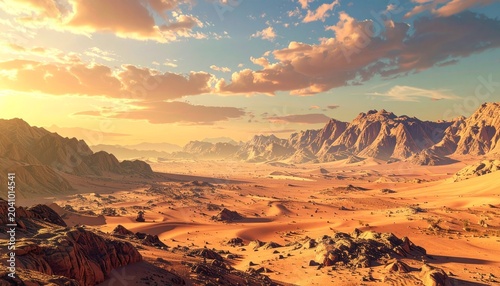 Vast Martian Landscape with Dramatic Sky and Rugged Terrain.