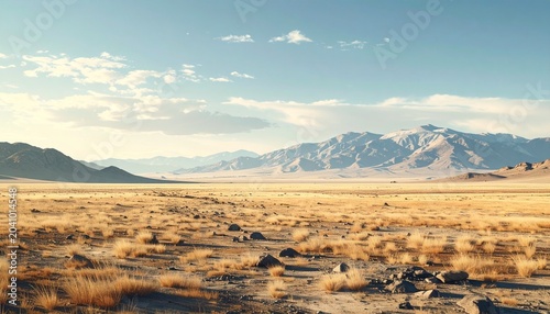 Vast Nevada Desert Landscape with Distant Mountains and Blue Sky.