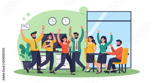 Happy Business Team Celebrating Success and Achievement in Modern Office, Flat Vector Illustration