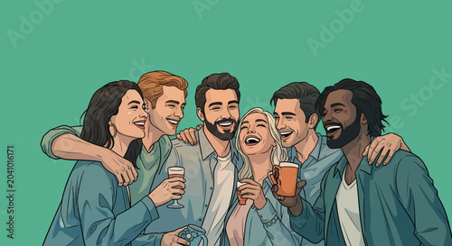 Diverse Group of Happy Friends Cheering with Drinks and Laughing Together, Flat Style Illustration of People Celebrating Multicultural Friendship and Unity Concept