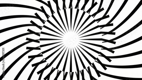  features a minimalist, abstract design consisting of a circular arrangement of black lines radiating outward from a central point on a white background. The lines vary in length, creating a sunburst 