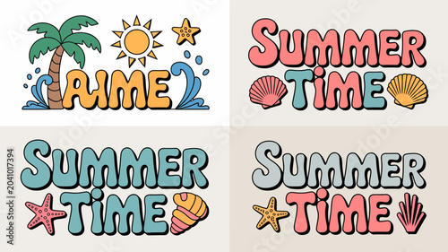 Obraz na płótnie summer themed illustrations vector palm tree sun starfish shell hand conch beach