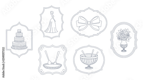 Foto wedding icons set line art cake bride bow flowers vase dessert spoons silhouette