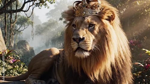 Majestic lion wearing a crown resting on sunlit rock in lush jungle setting