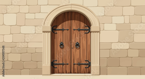 Arched wooden medieval castle door with black iron strap hinges and ring knockers set in a beige stone brick wall background, vector illustration of a fortress entrance gateway.