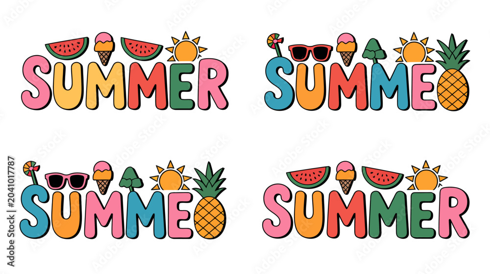 Fototapeta premium summer typography with colorful icons watermelon ice cream pineapple sunglasses sun tree vector illustration white background seasonal festive holiday design graphic