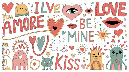 playful scrapbook doodle with hearts and cute characters love amore mine kiss vector illustration white background romantic funny adorable cartoon hand drawn