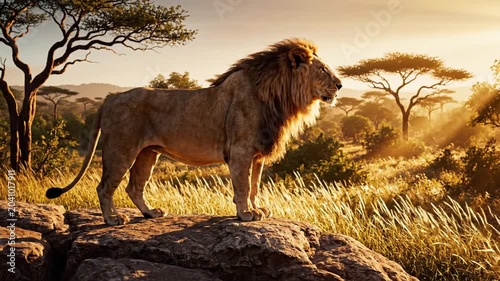 Male lion stands atop sunlit rock in a lush savanna clearing at golden hour