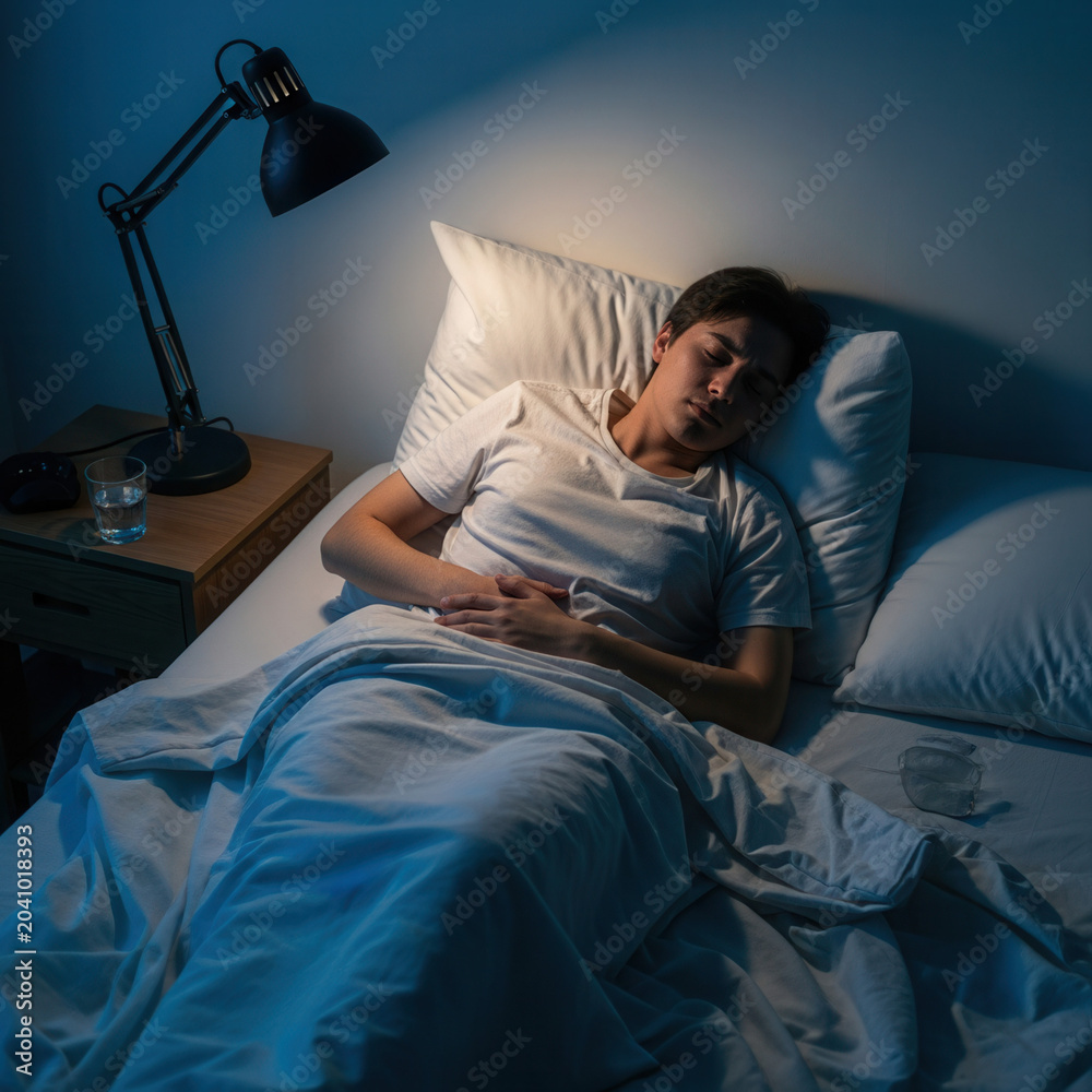Fototapeta premium A Person Resting In Bed At Night Suffering From Abdominal Pain and Insomnia Under Soft Lighting