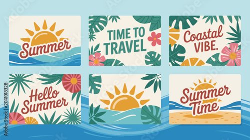Fotografi summer themed vector cards travel coastal vibe hello time sun waves flowers leav