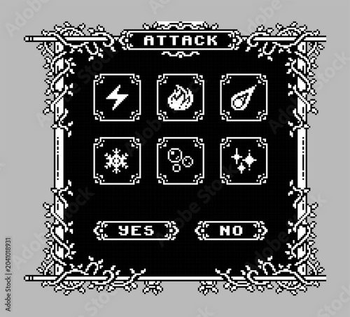 Pixel art fantasy attack menu with magic abilities, RPG battle interface, retro game skill selection screen in monochrome 8-bit style