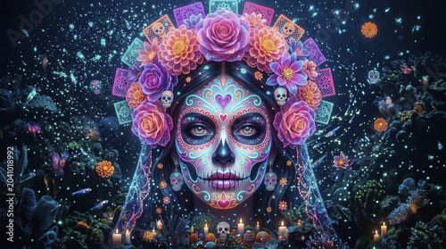 Day of the Dead Catrina with sugar skull makeup and flower crown surrounded by surreal underwater coral reef background