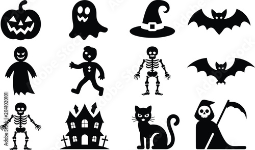 Quadro em tela Halloween silhouette icons pumpkin ghost witch bat zombie skeleton haunted house