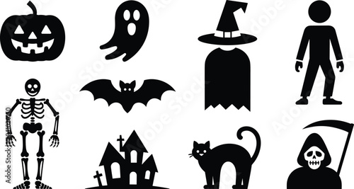 Φωτογραφία Halloween silhouette icons pumpkin ghost witch zombie skeleton bat haunted house